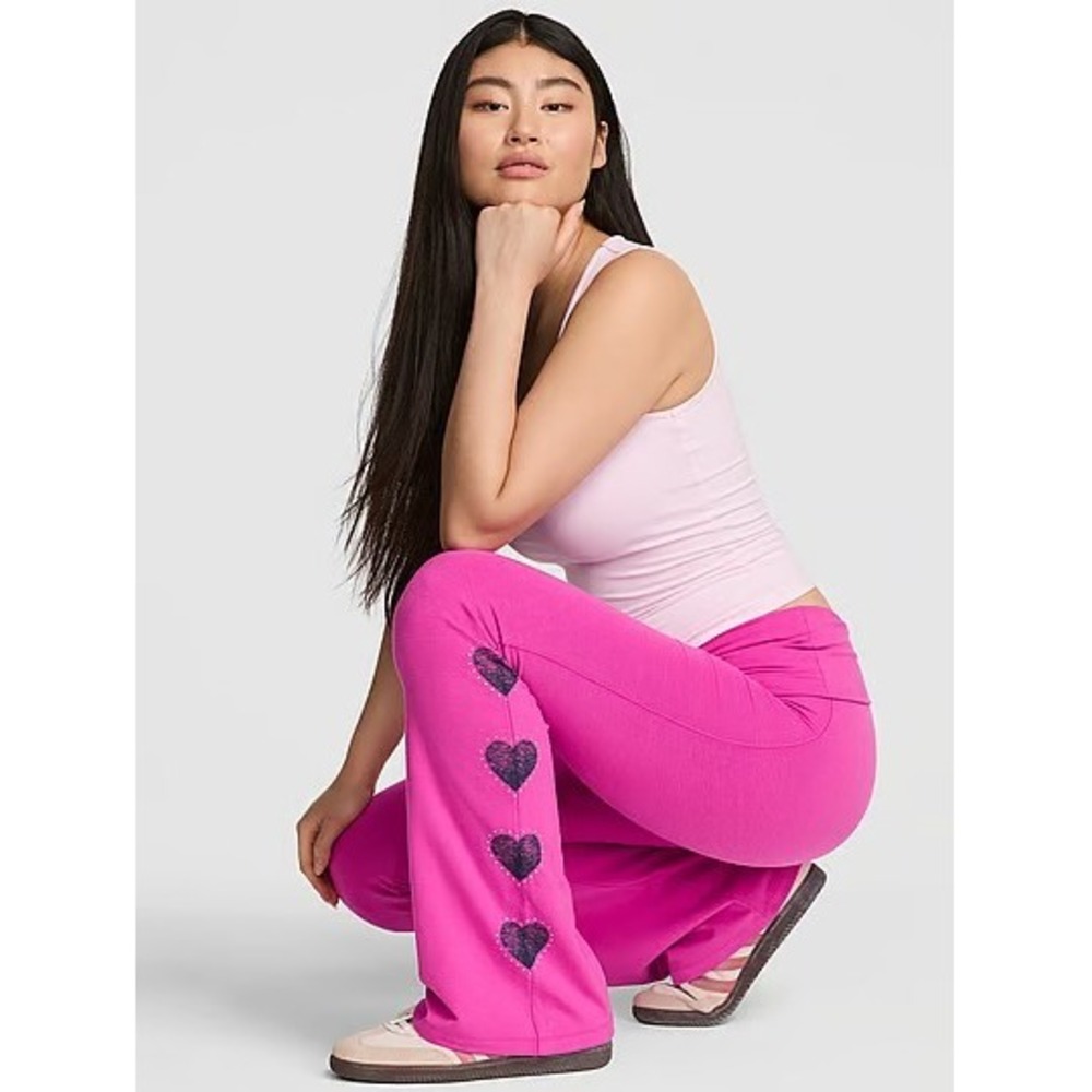 Victorias Secret Pink Flare Yoga Pants Fuchsia with Rhinestone Hearts- Lg Short